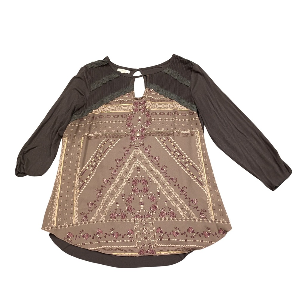 Maurices Mixed Media Top Womens Large Grey Boho Lace‎ Geometric Print Blouse